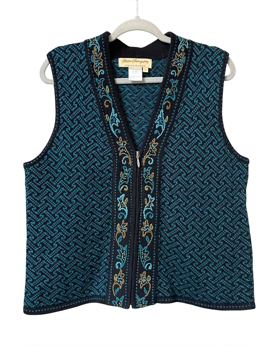 Vintage teal & black embroidered floral print artsy cottagecore sweater vest  L